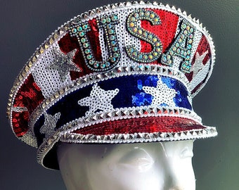 USA 4 juli patriottische kapiteinshoed met lovertjes rood wit blauw