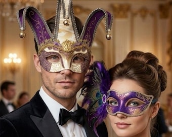 Maskeradefeestmaskers voor koppels - Jester & Mardi Gras Feather
