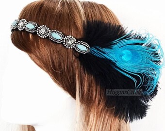 Black Turquoise Flapper Girl Headpiece | Roaring 20's Headpiece | Black Headband With Peacock Feathers For Elegant Black Tie Events