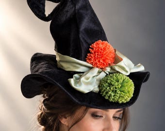 Black Witch Hat with Fall Flowers, Halloween Costume Hat