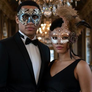 Bronze Feather Lace & Greek God Masquerade Mask Couples Set image 1
