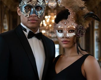 Set met bronzen verenkant en Griekse god maskerademasker voor koppels