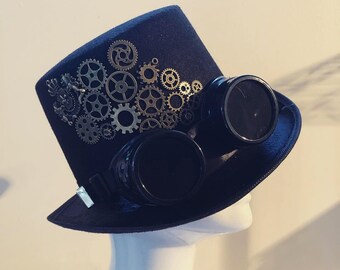 Custom Steampunk Hat - Black Goggles with Mechanical Gears