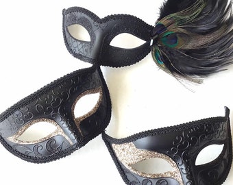 Black Silver Masquerade Mask Couples, women black mask with feathers, mens silver mask l Party masks l venetian masks