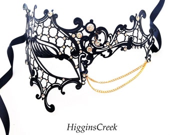 Metal Lace Phantom Masquerade Ball Mask with Rhinestones and Chain