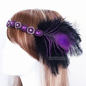 Black Purple Flapper Girl Headpiece | Roaring 20&#39;s Headpiece | Black Headband With Peacock Feathers For Elegant Black Tie Events