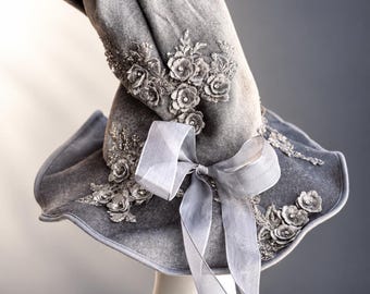 Silver Witch Hat with Flowers, Halloween Costume Hat