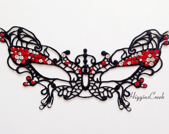 Black Lace Masquerade Mask with Red Rhinestones