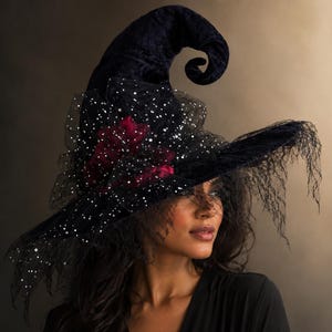 May include: A black velvet witch hat featuring a tall, curved crown and a wide brim. The hat is adorned with layers of black tulle netting embellished with small silver sequins and deep red fabric flowers. The brim edge has black lace trim.