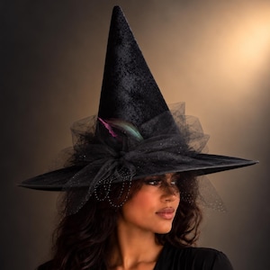 Purple Feather Witch Hat, Lace Veil, Feathers, Roses (Adult Size)