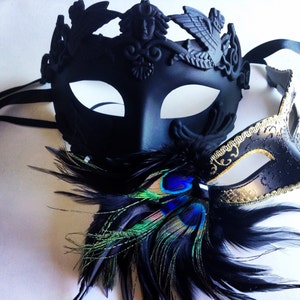 male female Couples Black Roman Mask and Women gold Accent peacock Masquerade Ball Prom Mask