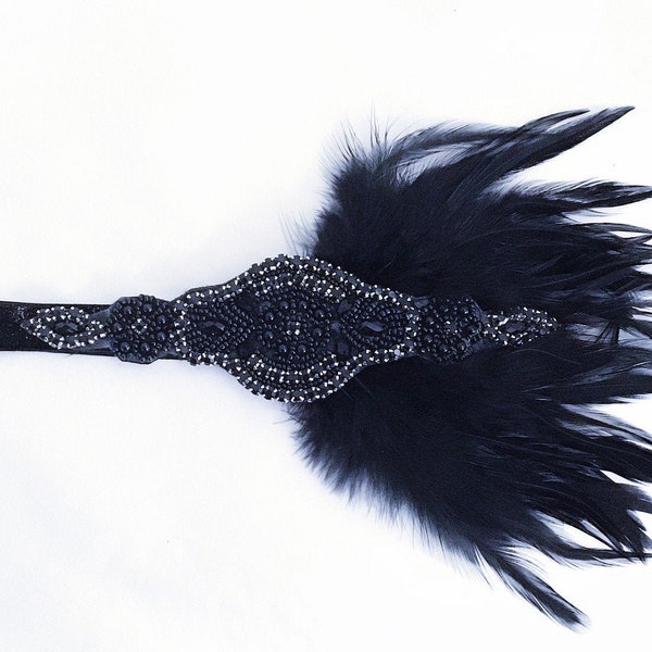 Black Flapper Girl Headpiece | Roaring 20's Headpiece | Black Headband With Feathers With Elegant Events | Masquerade Black Tie Events