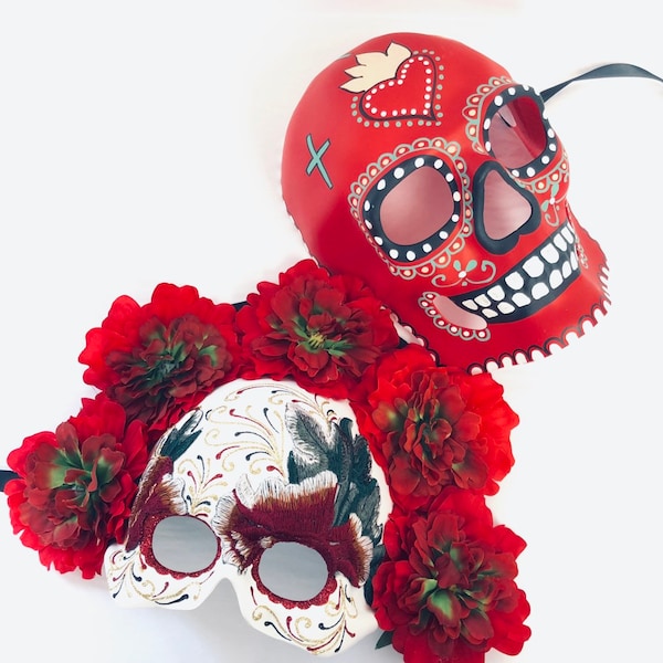 Day Of The Dead Masquerade Mask COUPLES Dia De Los Muertos, Festival Masquerade, Red And Black Sugar Skull Mask With Flowers catrina mask