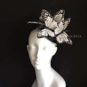 butterfly headpiece, white monarch butterfly theme, Derby fascinator Hat, black and white monarch headpiece, women fascinators