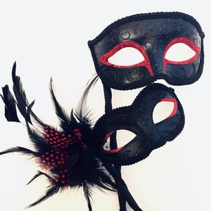 Black/Red Couples Masks on stick, His and Hers stick masks, Handheld masks