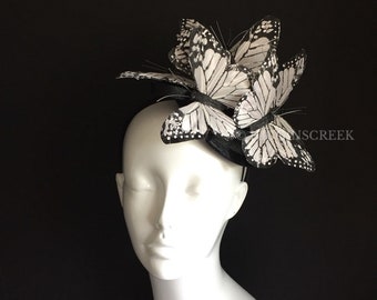 butterfly headpiece, white monarch butterfly theme, Derby fascinator Hat, black and white monarch headpiece, women fascinators
