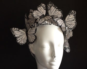 Monarch butterfly headpiece, white and black headpiece women,  Derby Headpiece, masquerade mask headpiece