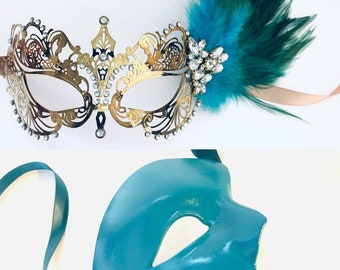 Teal Turquoise masquerade masks, Couples Mask Pair