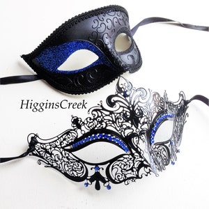 Men Women Black Filigree Carnival Metal and Glitter Venetian Masquerade Ball Party Mask paired for Couples Masks
