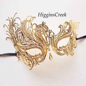 Unique Black Phantom Metal Laser Cut Masquerade Mask Black Masquerade Mask, Mardi Gras, Gold Glitter Details