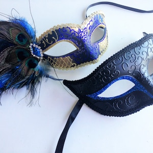 New Blue Couple masquerade masks, Venetian Masquerade Ball Masks, Carnival Costume Party Masks feathers, masquerade ball parties