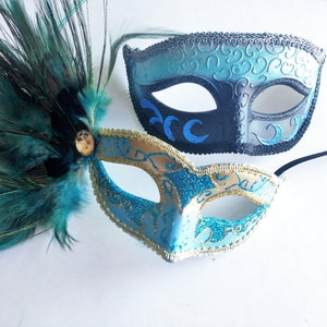 Prom masquerade Mask, His & Hers Turquoise Venetian Couples mask, Teal Feather Mask, Men venetian Masquerade Costume Prom Wedding Party Mask