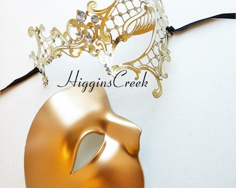 Gold masquerade mask Couples Gold Mask Set, Half Face Mask Set, His & Hers Masquerade Mask Set, wedding gold mask