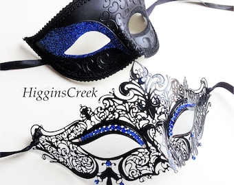 Men Women Black Filigree Carnival Metal and Glitter Venetian Masquerade Ball Party Mask paired for Couples Masks