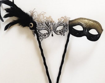 Handheld couples Masquerade Mask Set, Men Women Stick mask Pair