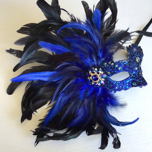 Blue Rio carnival mask, brazilian carnival mask, Venetian Carnival feather mask, carnival masquerade mask, feather masquerade mask women