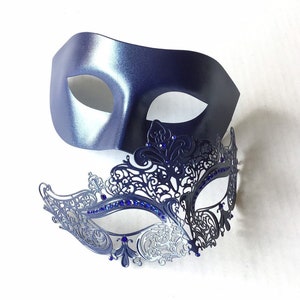 Blue Masquerade masks Venetian masks couple masquerade mask set, mens navy blue mask, women's navy blue mask with choice of rhinestones