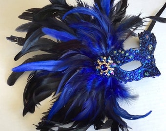 Blue Rio carnival mask, brazilian carnival mask, Venetian Carnival feather mask, carnival masquerade mask, feather masquerade mask women