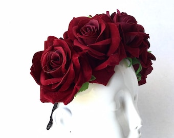 Dark Red Rose Hairpiece, Rose Crown Photography Props, Flower headpiece, Flower headband