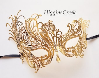 Unique Black Phantom Metal Laser Cut Masquerade Mask Black Masquerade Mask, Mardi Gras, Gold Glitter Details