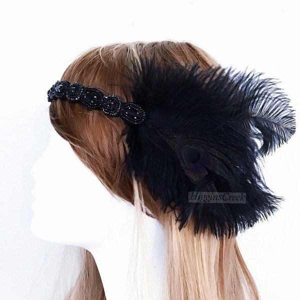 Black Flapper Girl Headpiece | Roaring 20's Headpiece | Black Headband With PeacockFeathers For Elegant Events | Masquerade Black Tie Events