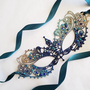 Masquerade Mask women Blue turquoise Teal navy, Masquerade Ball, ocean theme Lace, Mardi Gras, halloween, venetian inspired