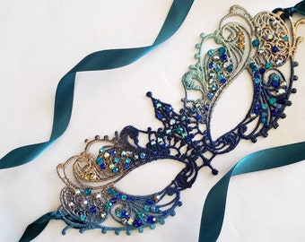 Masquerade Mask women Blue turquoise Teal navy, Masquerade Ball, ocean theme Lace, Mardi Gras, halloween, venetian inspired