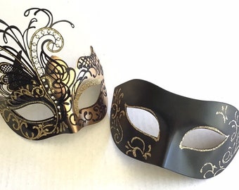 Couples masquerade mask pair, his and her mask pair Gold/Black masks, wedding masks Couples Prom Mask, new year eve party Masquerade Mask