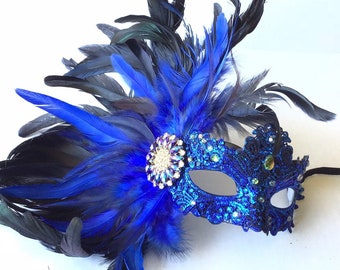 Blue feather mask, blue lace mask womens mardi gras feather mask, carnival mask, halloween masks large feather mask