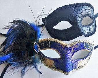 Royal Blue masquerade mask Couples Black Mens Mask Blue feather women Mask Female party mask