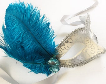 Blue women masquerade mask, Blue venetian mask women, Blue feather mardi gras mask with jewels