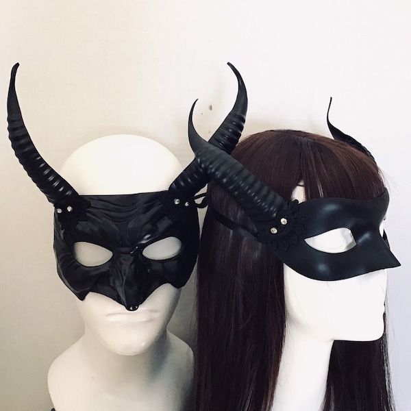 Devil Couples Masquerade Masks With Horns Black, Faun Mythical Creatures, couples Halloween masks