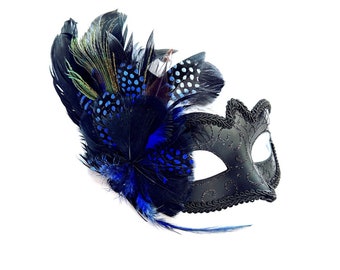Maskeradmask för kvinnor med blå fjädrar, maskeradfest, maskeradbal, kostymmask, venetiansk mask, balmask, galamask