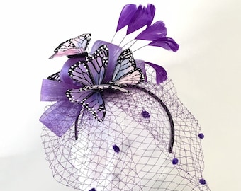 Purple butterflies Fascinator Headdress veil feathers Headpiece