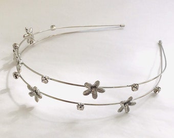 Flower Metal Headband, Silver Headband, Women’s Metal Headband With Metal Flowers and Crystals Girls Headband