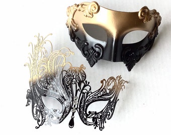 Couples Masquerade Masks Black And Gold Ombre, His & Hers Elegant Masquerade Masks, Roman Mens Mask And Women's Laser Cut Masquerade Mask