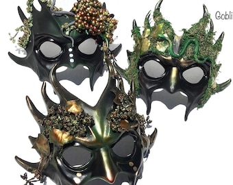 Mens Halloween Goblin Mask - Green Forest, Horned Mythical Bachus Creature Mask