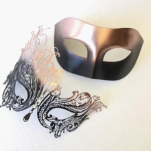 Couple Masquerade Mask Rose Gold Ombre Set, Couples Mask Pair, His & Hers Rose Gold Masquerade Masks