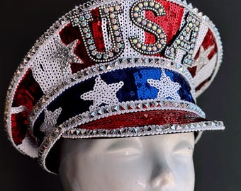 USA Sequins Red White Blue Captain Hat for Party, Festivals, Raves