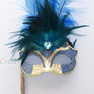 sky blue Masquerade Mask with stick women, Sky Blue Mardi Gras Mask, Mardi Gras Masks, Masquerade Ball wedding prom